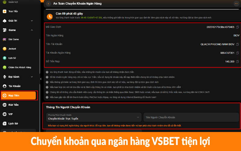 Chuyển khoản qua ngân hàng VSBET tiện lợi
