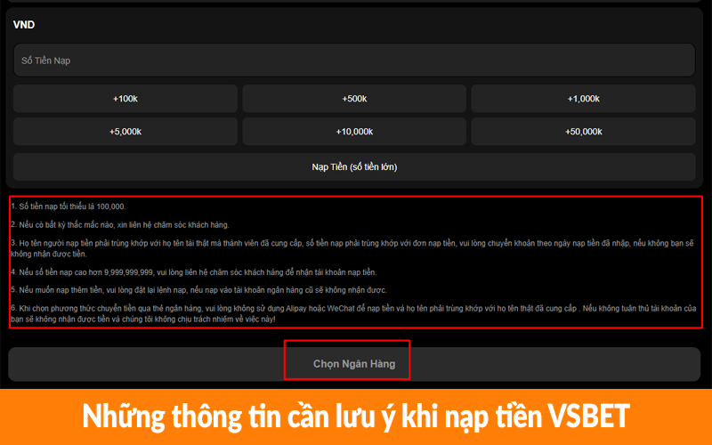 Những thông tin cần lưu ý khi nạp tiền VSBET