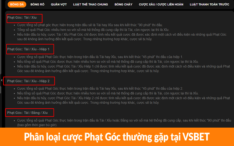 Phân loại cược Phạt Góc thường gặp tại VSBET